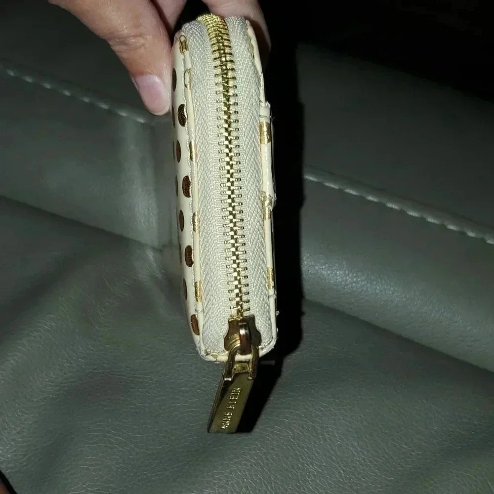 ANNE KLEIN Zip Around Wallet Cream & Gold Patent Polka Dot